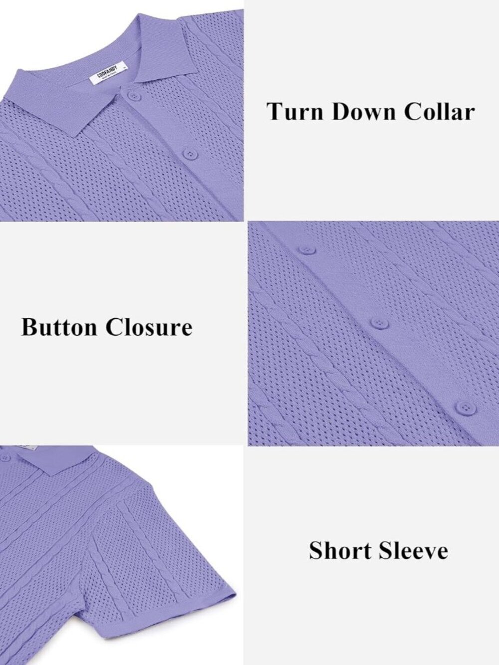 Men’s Light Purple Knit Button-Down Polo Summer Beach Casual Top Shirt - Picture 5 of 5